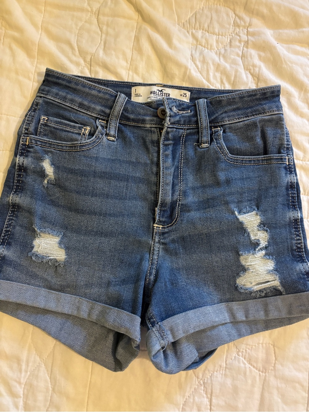 Hollister Rolled Hem Distressed Denim Shorts - Medium Blue